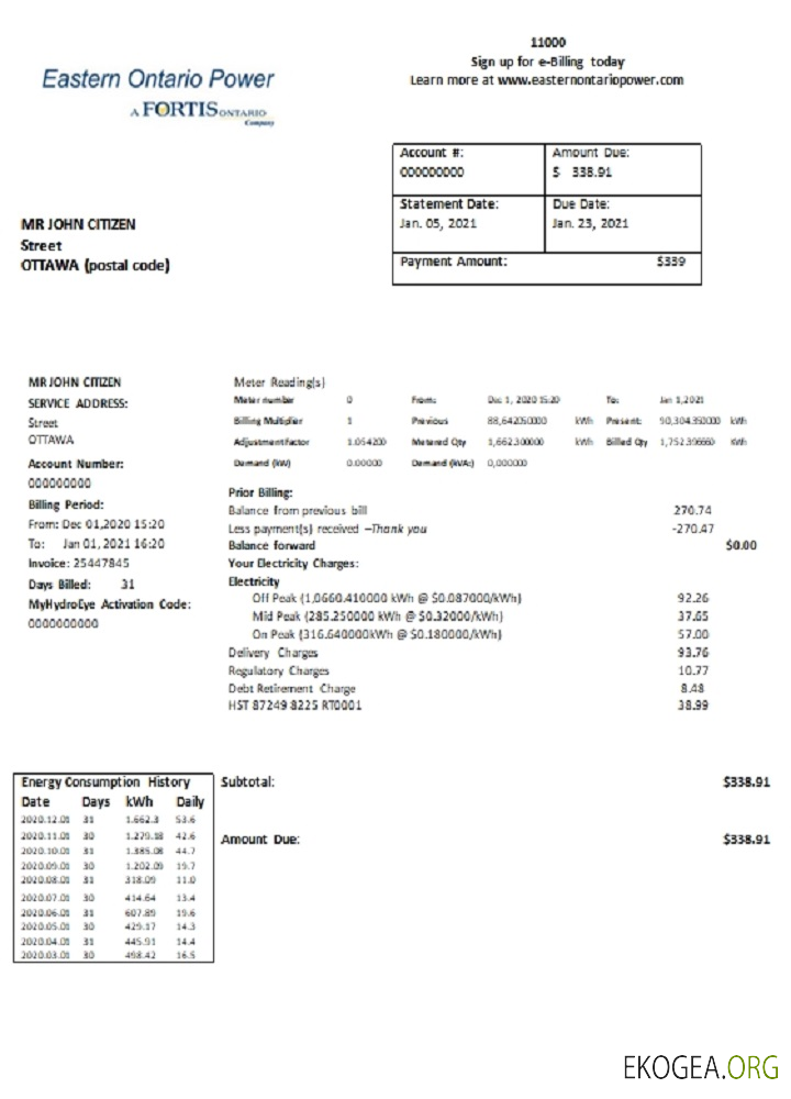 Canada Eastern Ontario Power utility bill